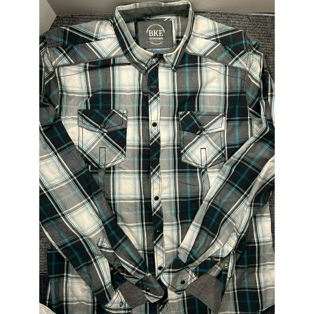 BKE Men's Athletic Fit Long Sleeve Plaid Button-Up Shirt Pearl Snap Pockets